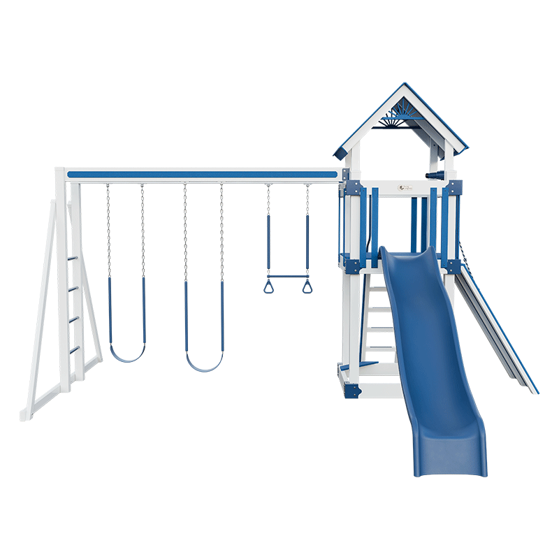 Swing Kingdom Play Set Trailblazer Basecamp 44 blue and white slide