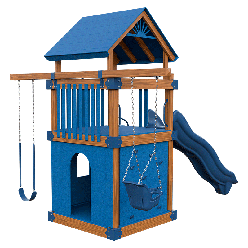 Swing Kingdom Play Set Trailblazer Basecamp 55 Clubhouse blue wood