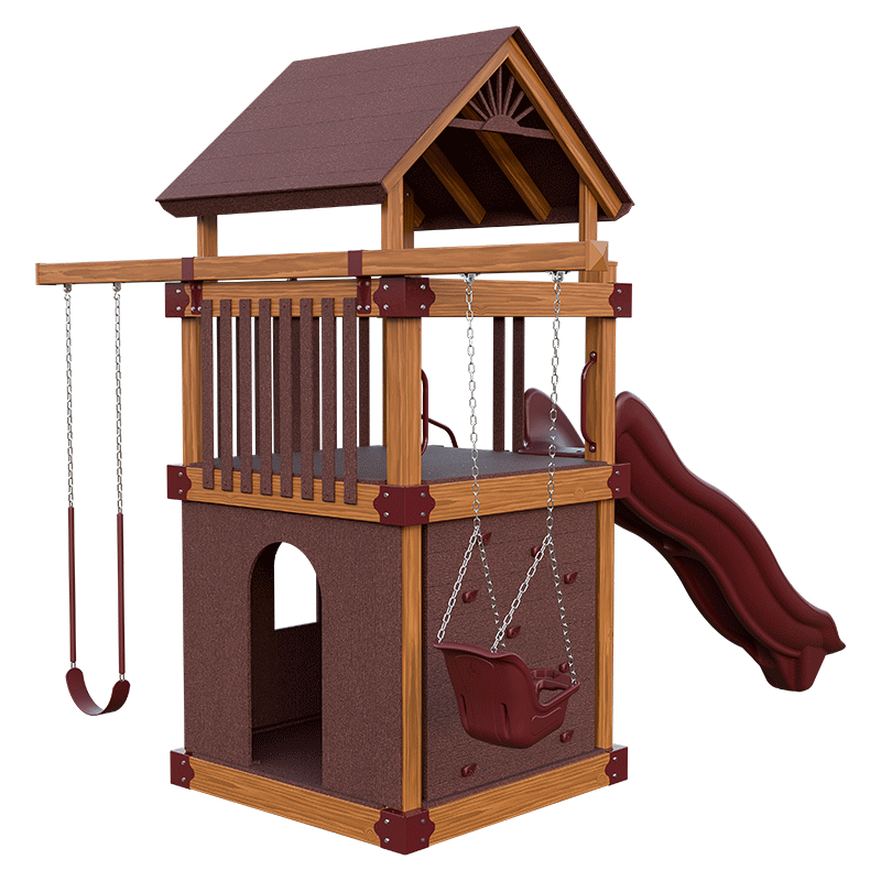 Swing Kingdom Play Set Trailblazer Basecamp 55 Clubhouse red and wood