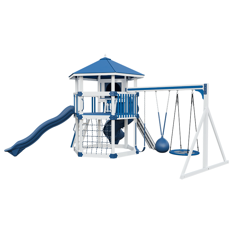 Swing Kingdom Play Set Trailblazer Basecamp 77 Honeycomb blue and white swing arm
