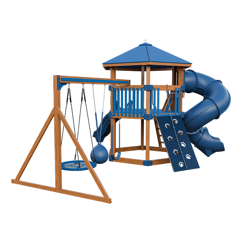 Swing Kingdom Play Set Trailblazer Basecamp 77 Honeycomb blue wood
