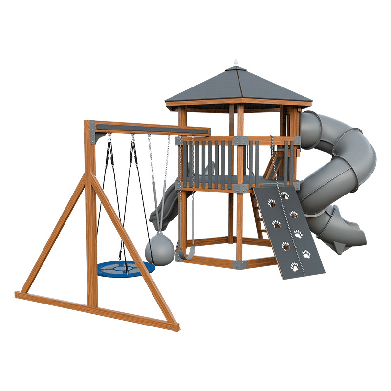 Swing Kingdom Play Set Trailblazer Basecamp 77 Honeycomb gray wood