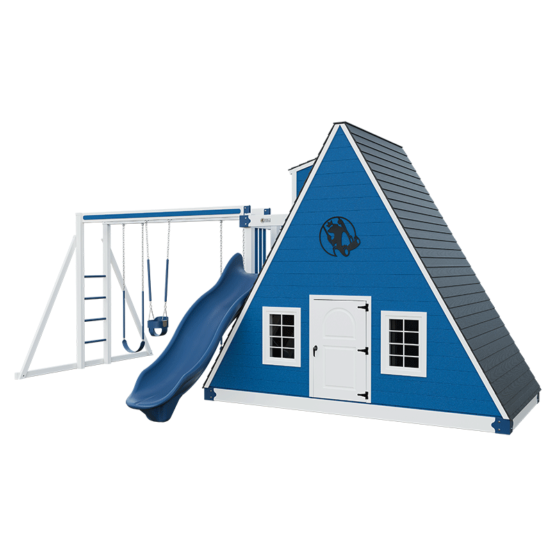 Swing Kingdom Playhouse Series Alpine Retreat blue and white front door