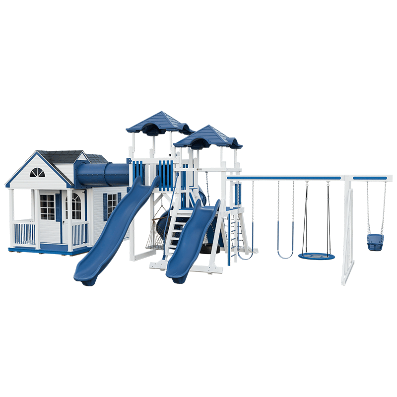 Swing Kingdom Playhouse Series Cottage Escape blue and white swings