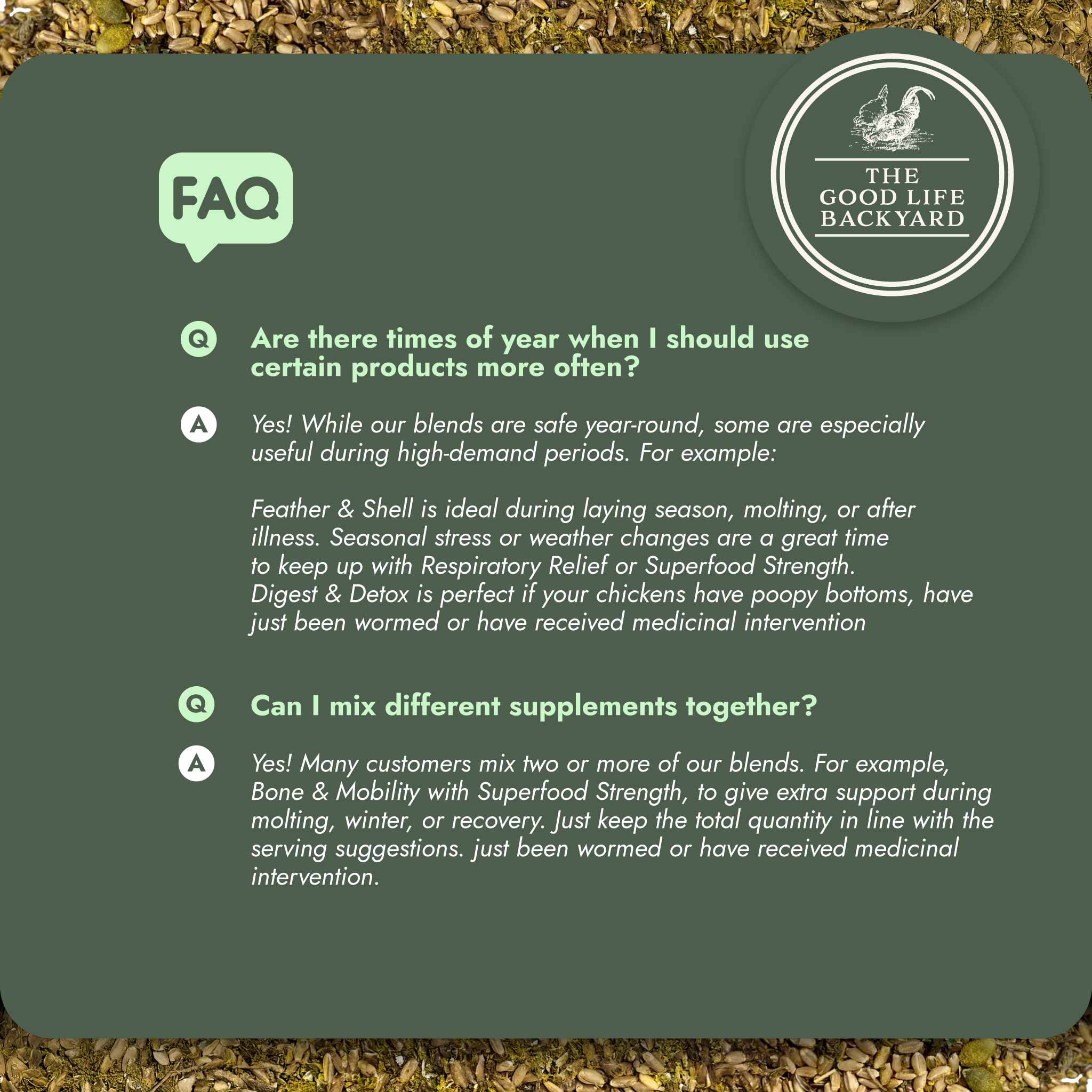 The Good Life Backyard Feather and Shell – Calci-Protein Blend FAQ 2