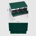 Three-bay chicken nesting box with green roof and front trays, shown with hens using the nesting compartments.