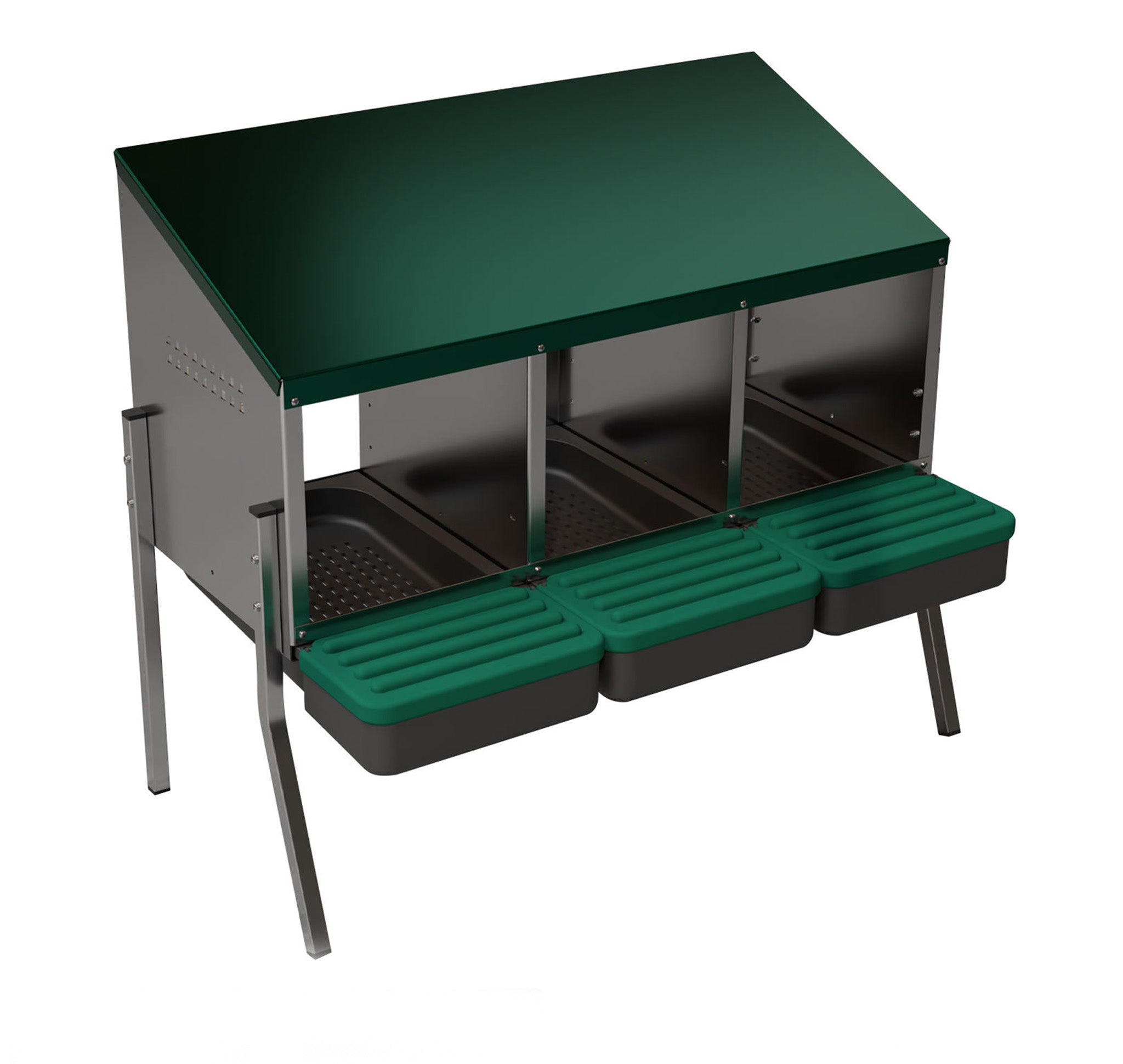 Three-compartment galvanized steel nesting box for laying hens in a poultry coop.