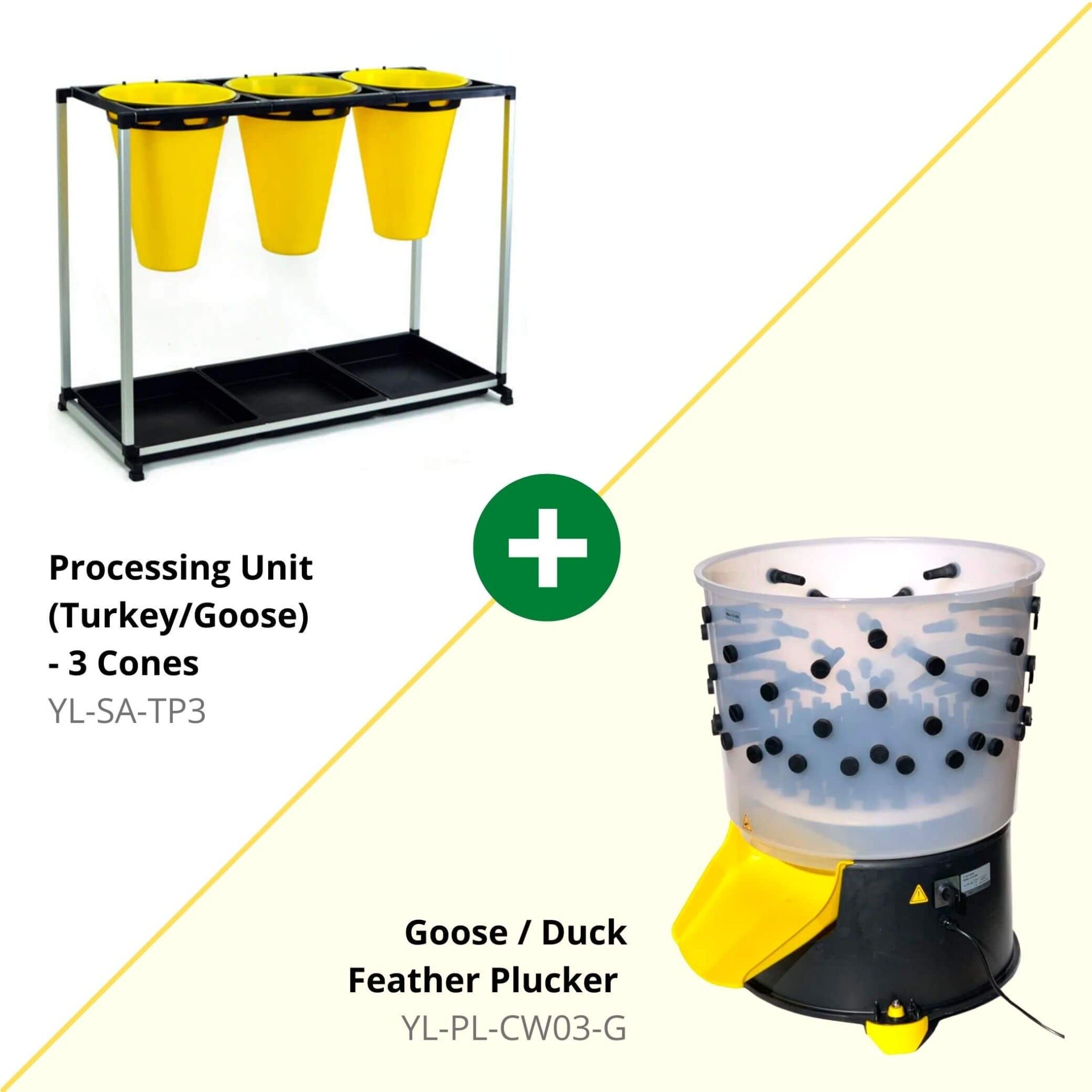 Three-cone turkey and goose processing unit paired with a duck and goose feather plucker.