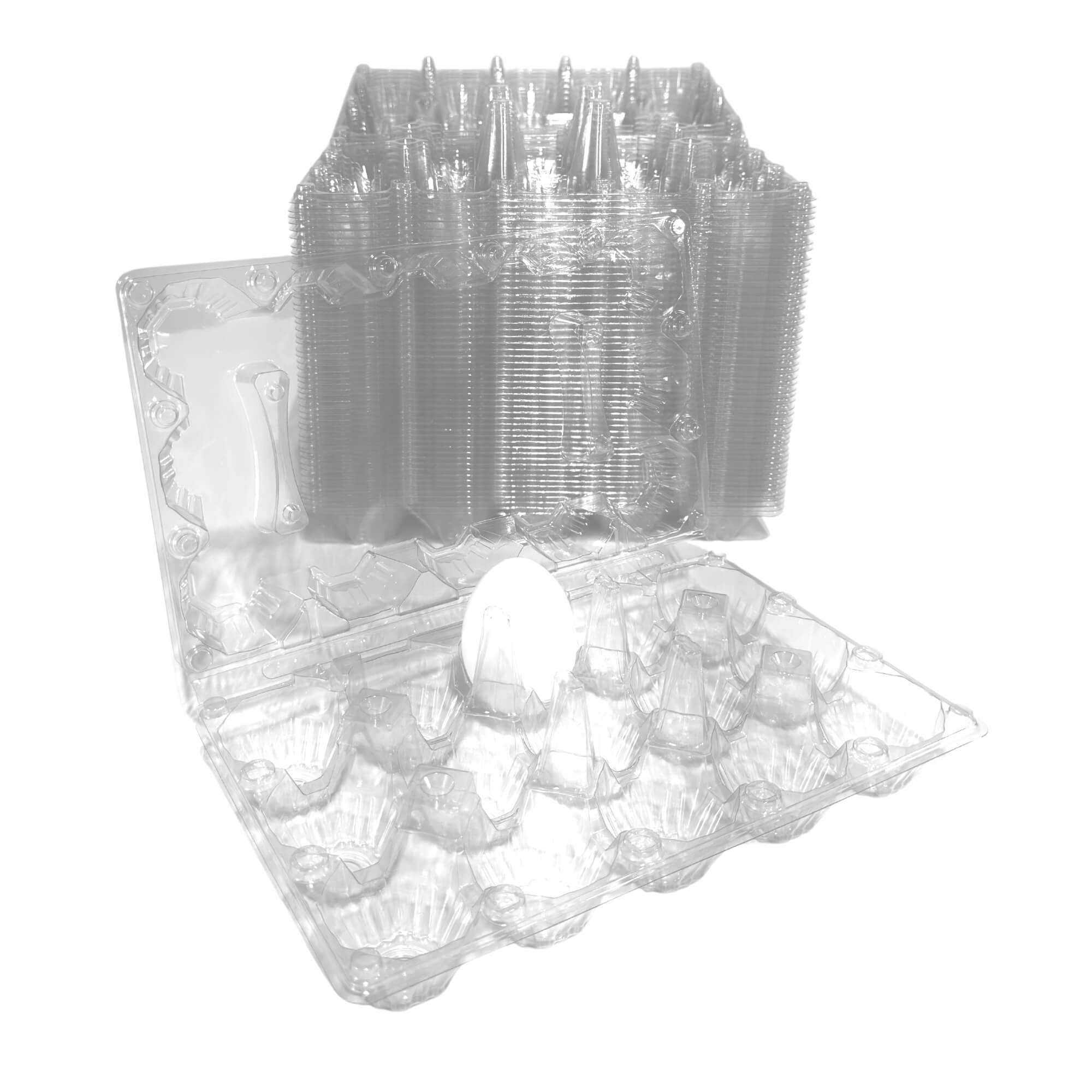 Transparent chicken egg carton for packaging and displaying fresh eggs at farmers' markets.