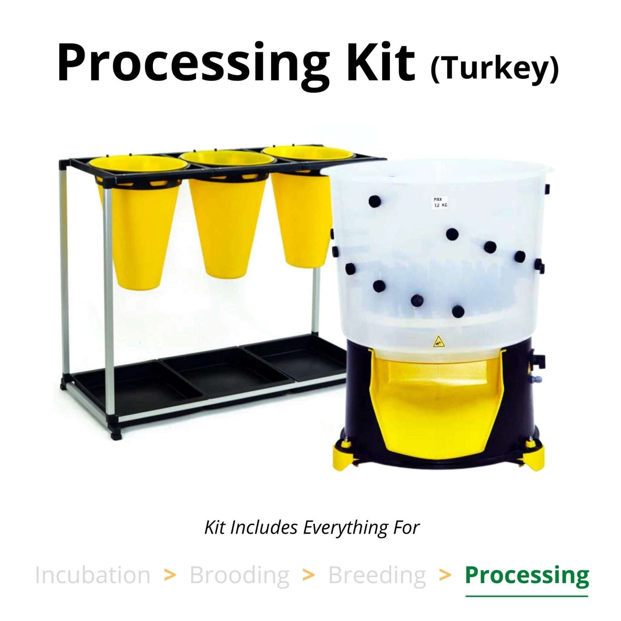 Turkey processing kit with three-cone turkey and goose processing unit and turkey feather plucker.