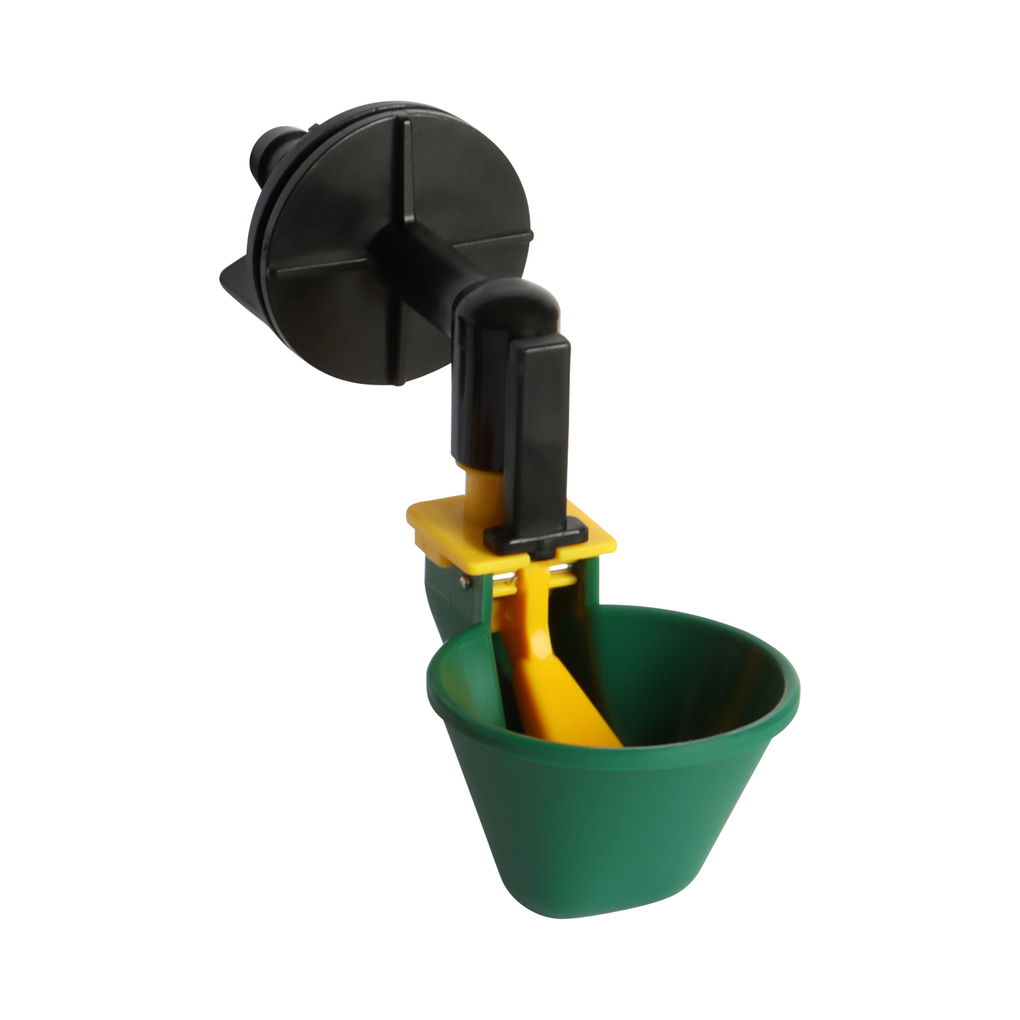 Two-pack poultry drinking cups with float valves for wire mesh cage installation