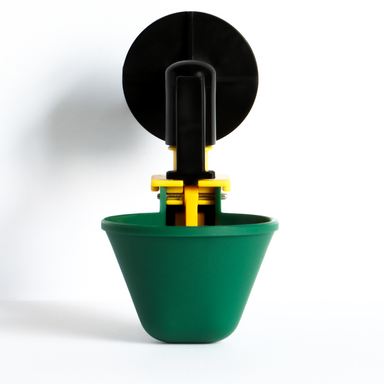 Two green CD10 auto-fill poultry drinker cups with yellow triggers