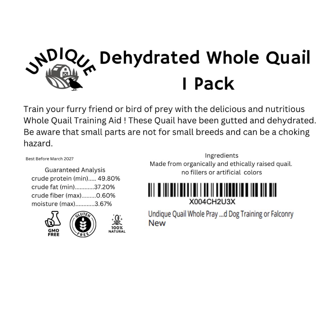 Undique Quail Whole Prey dehydrated for Bird Dog Training or Falconry Ingredients
