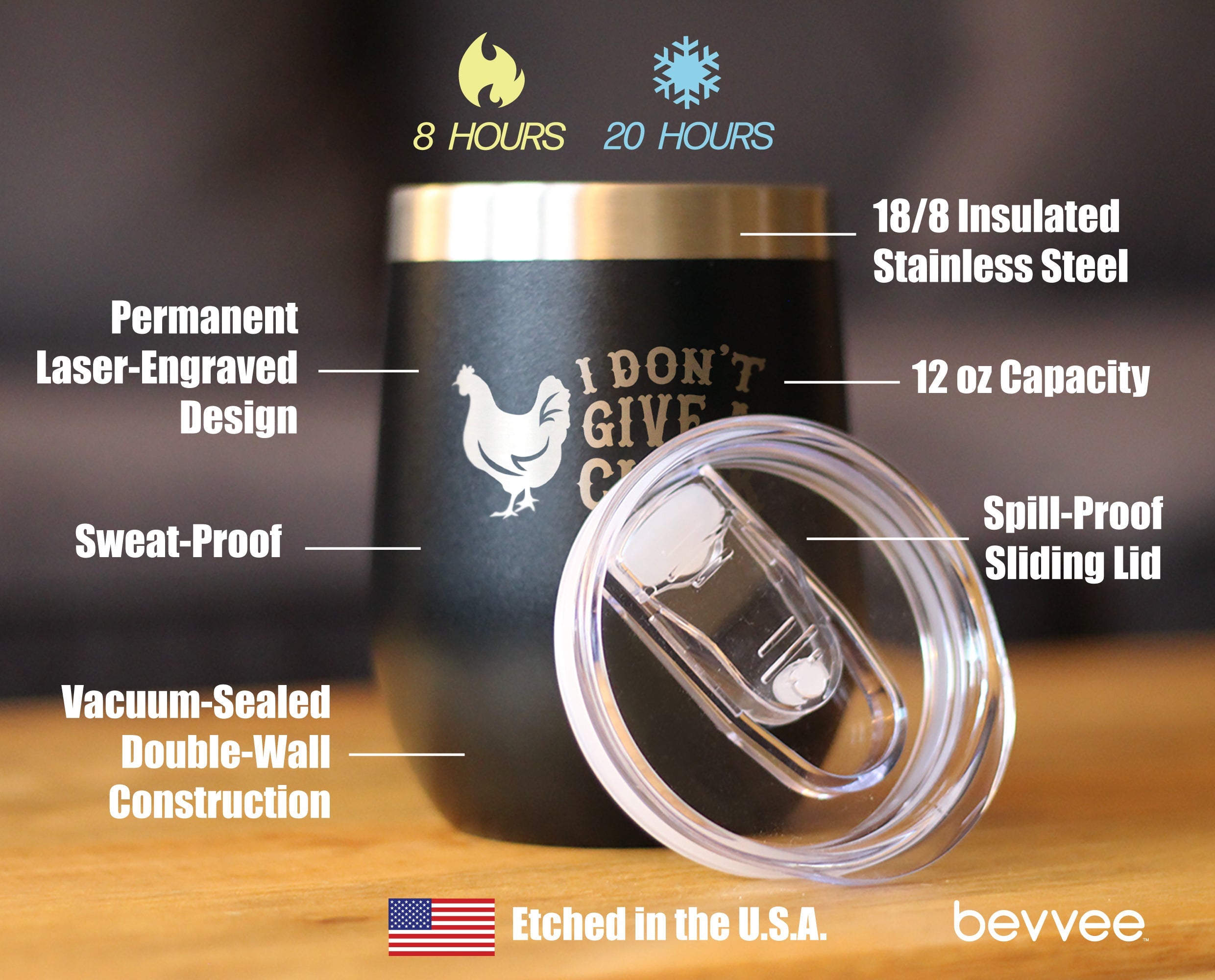 Don't Give A Cluck - Wine Tumbler Glass with Sliding Lid - Stainless Steel Insulated Mug - Funny Chicken Themed Gift for Women and Men