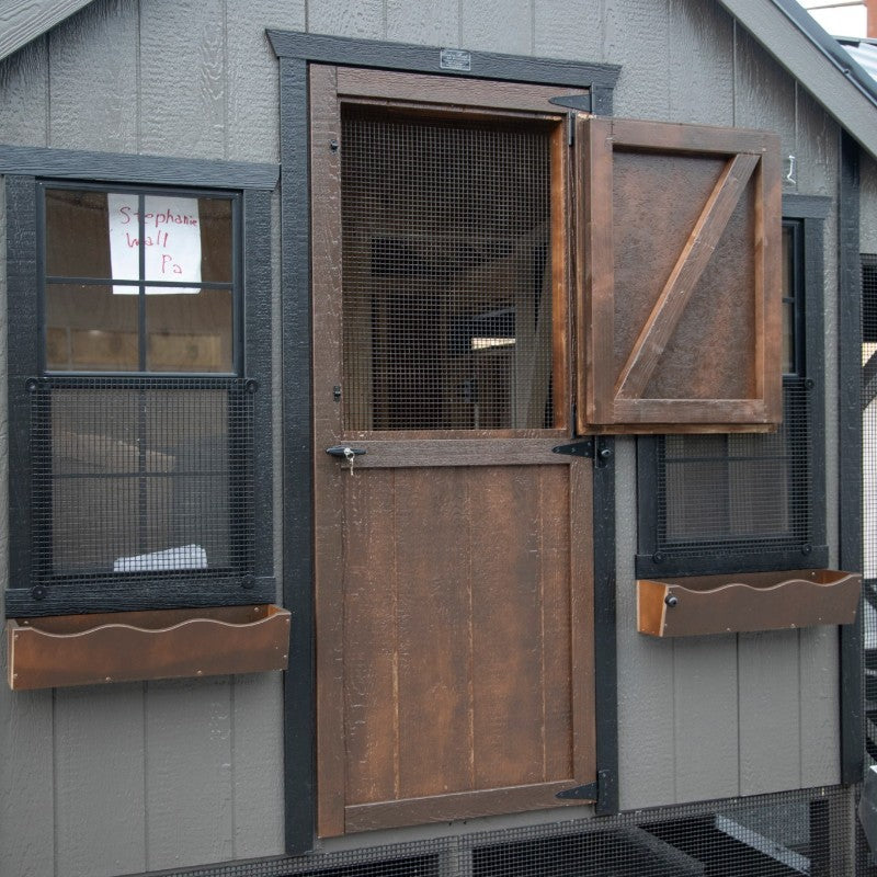 Walk-In Chicken Coop with Dutch Door, Screened Windows and Flower Boxes