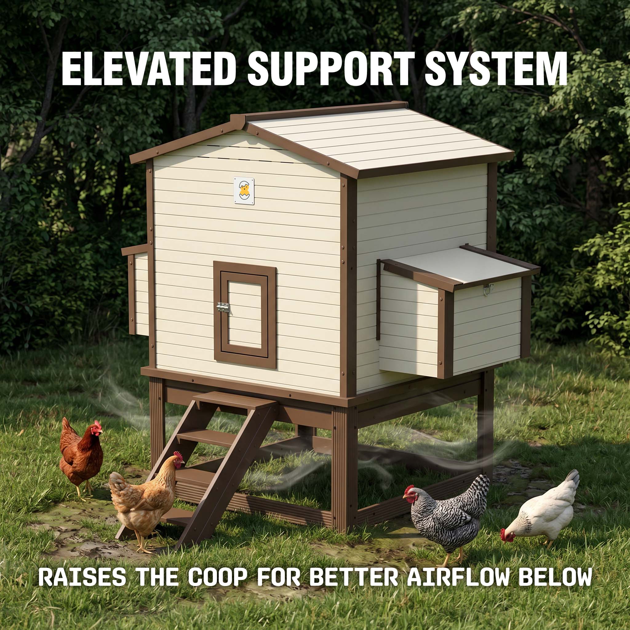 Weather-resistant FlockRight chicken coop with four nesting compartments and raised stand for 6–10 chickens.