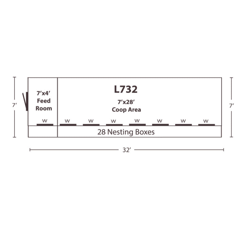 XL Lean To Coop with Feed Room L732 | Hen House Collection layout and dimensions