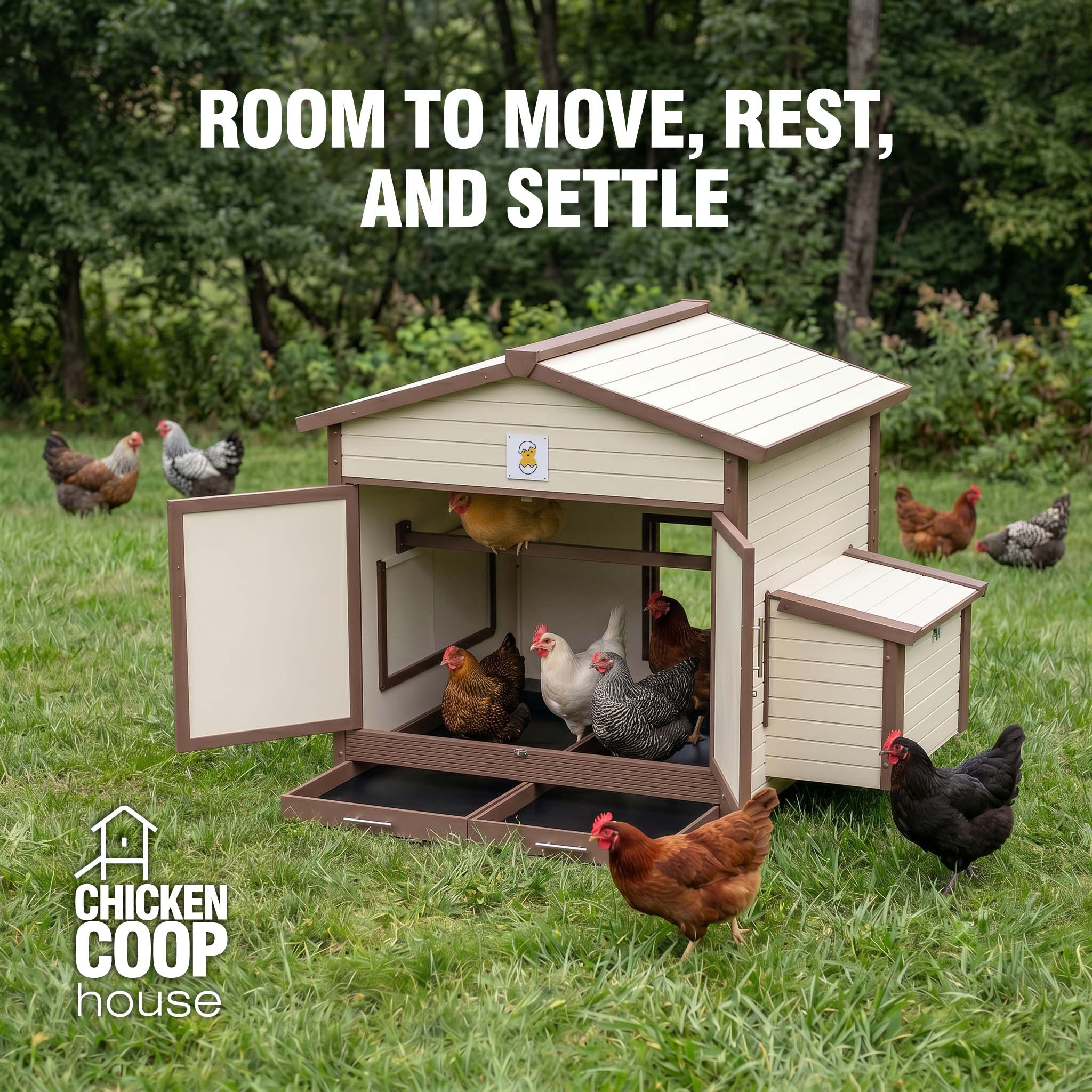 chicken coop with smooth, non-porous composite surfaces for routine washing.