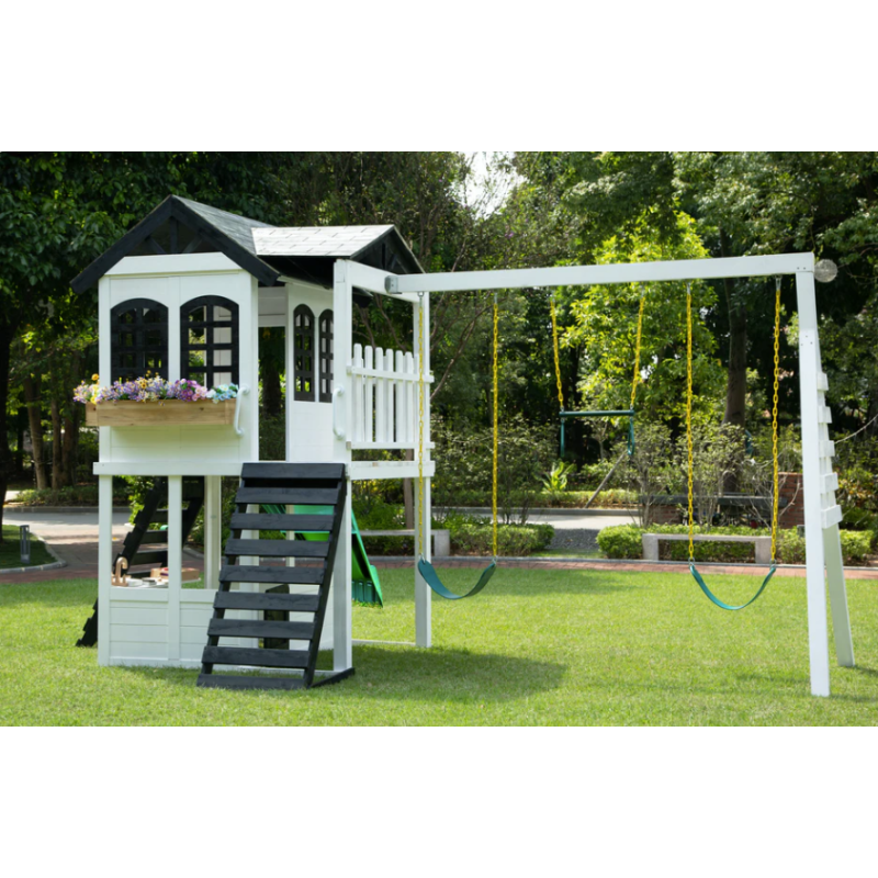 2MamaBees Reign Two Story Swing Set & Climber Black & White Farmhouse Style 7