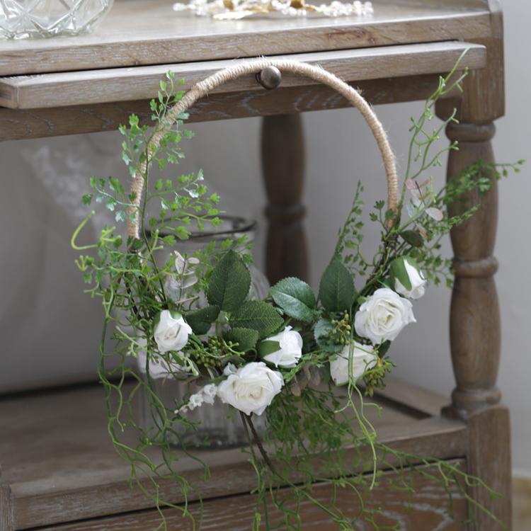 RusticReach Floral Hoop Artificial White Rose with Greenery Ferns 9" D