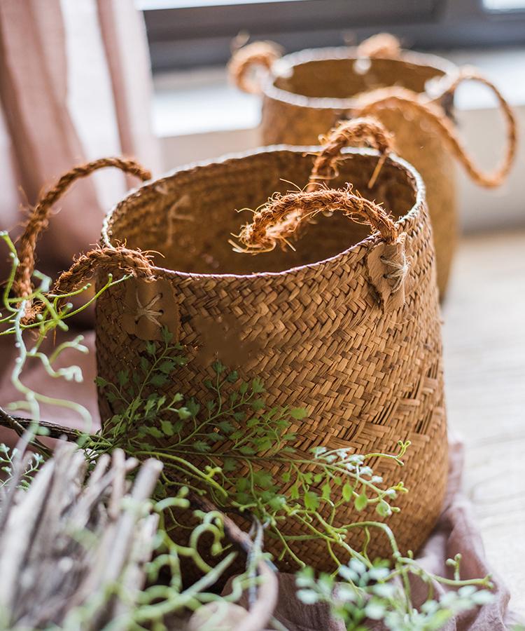 Natural Straw Basket Bag with Rope Handles (Set of 2)