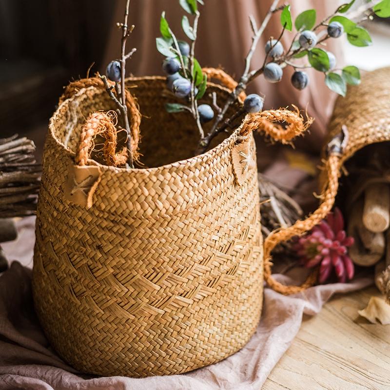 Natural Straw Basket Bag with Rope Handles (Set of 2)