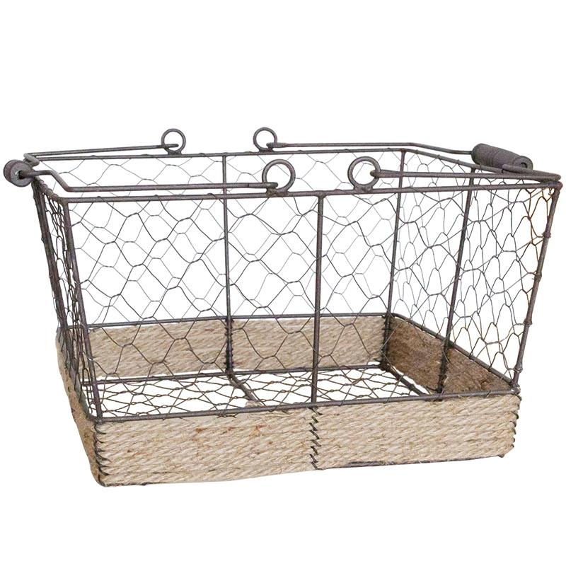 RusticReach Egg Carrying Basket - Wire With Hemp Rope Bottom Rectangular