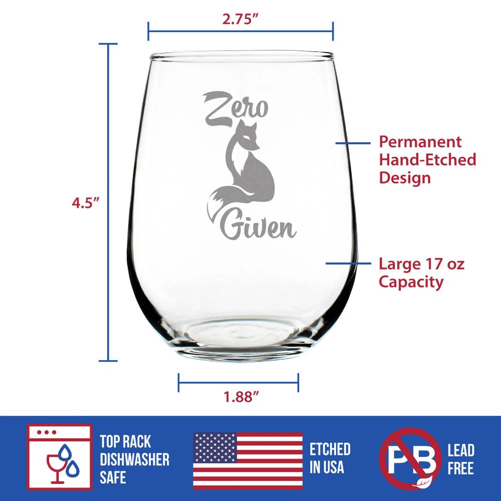 Zero Fox Given – Cute Funny Stemless Wine Glass, Large 17 Ounce, Etched Sayings, Gift Box