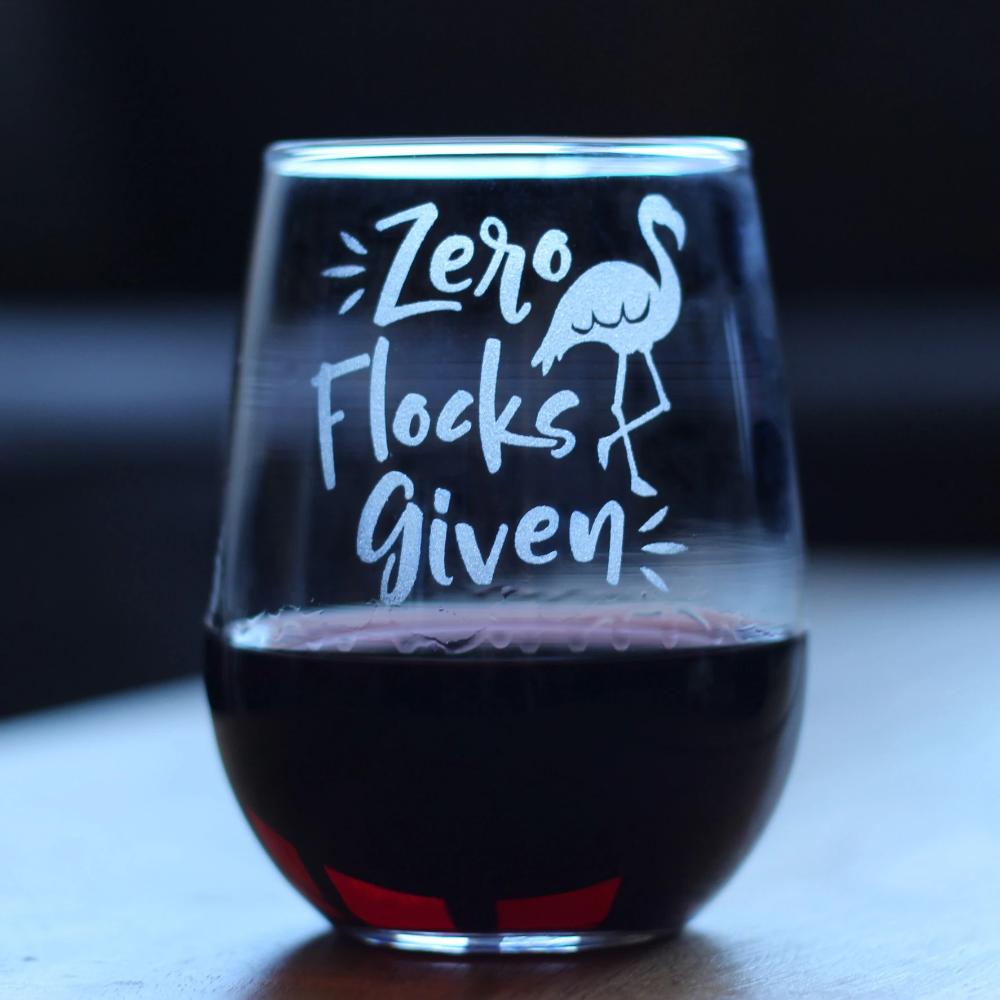 Zero Flocks Given – Cute Funny Flamingo Stemless Wine Glass, Large 17 Ounce, Etched Sayings, Gift Box